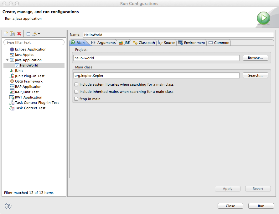 Eclipse Run Configuration Window for HelloWorld